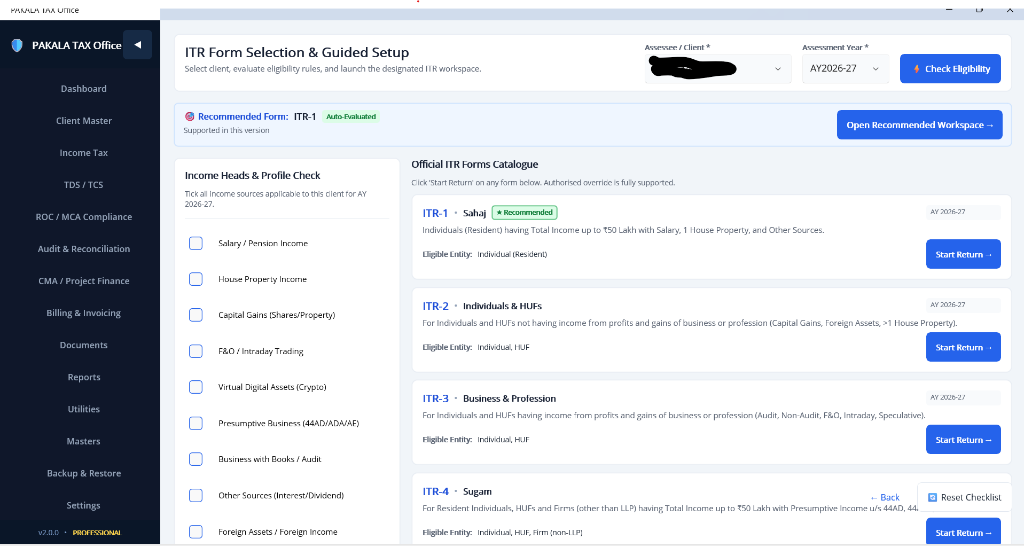 PAKALA TAX OFFICE ITR Form Selection & Guided Setup